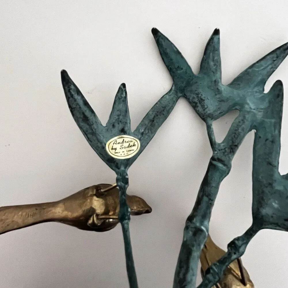 Andrea by Sadek Brass Birds on Bamboo Candle Holder Figurine
